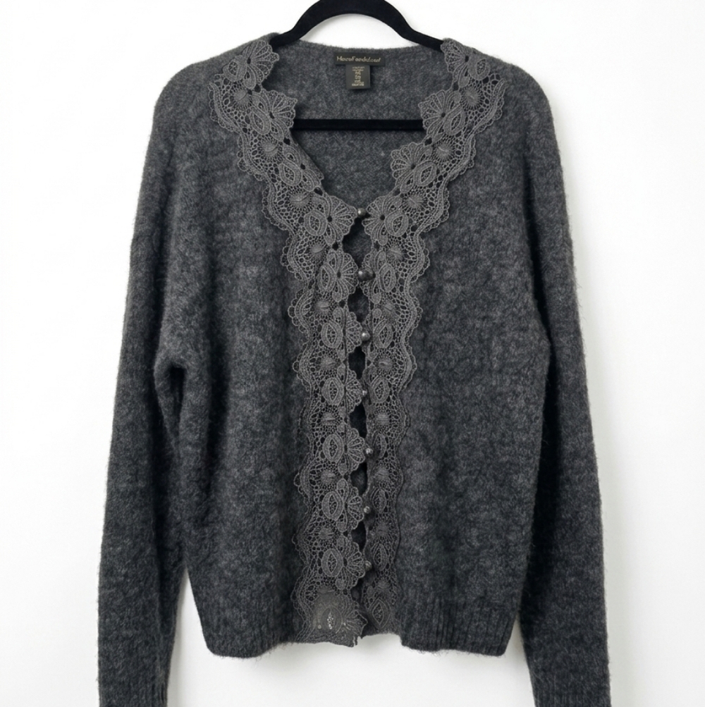 House of Harlow 1960 Gray Lace-Trim Button Cardigan